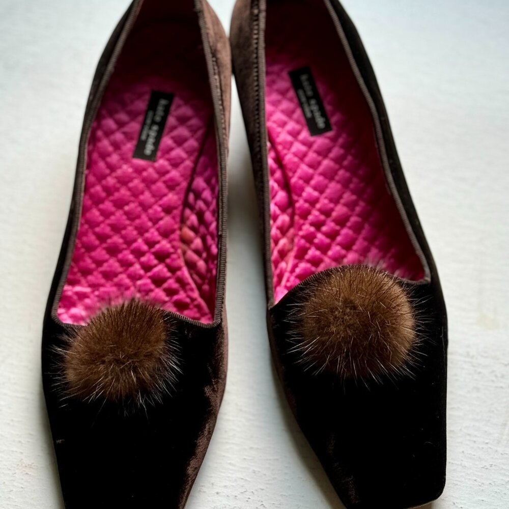 Kate Spade New York 9.5M Tryst Brown Velvet with Fur Pom Poms Square Toe Pumps - Picture 3 of 14